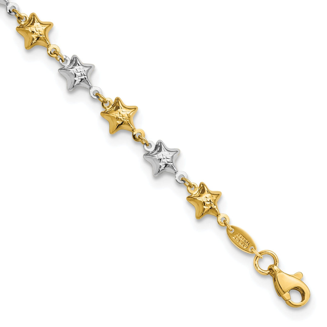 14k two-tone gold bracelet polished puffed star design. 7.75-inch