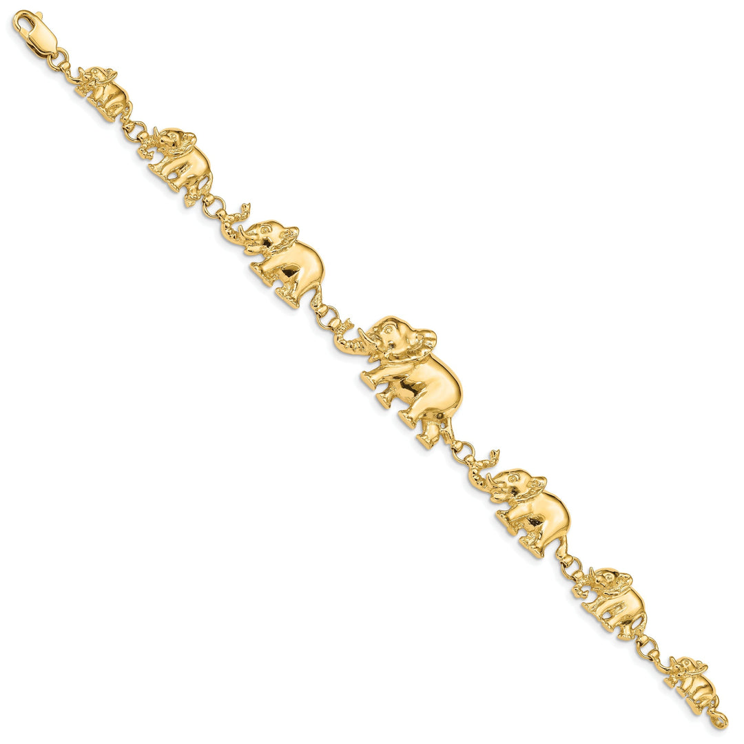 14k yellow gold elephants walking bracelet. Solid polished finish, 7-inch, 17-mm wide