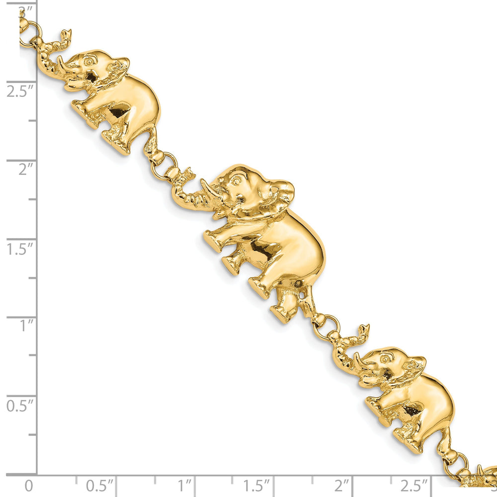 14k yellow gold elephants walking bracelet. Solid polished finish, 7-inch, 17-mm wide