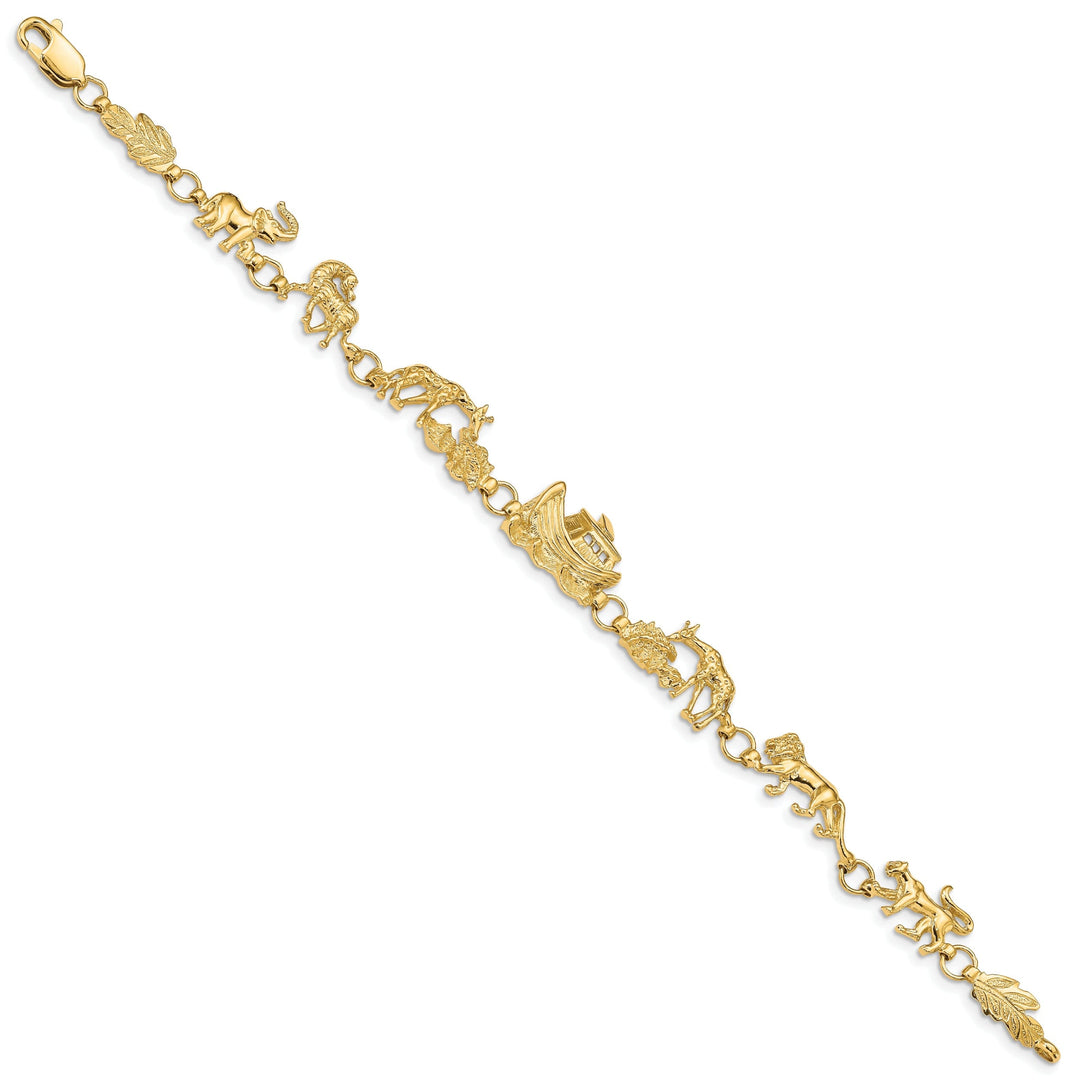 14k yellow gold Noah's Ark bracelet with lions, giraffes, and horses. 7-inch, 11-mm wide