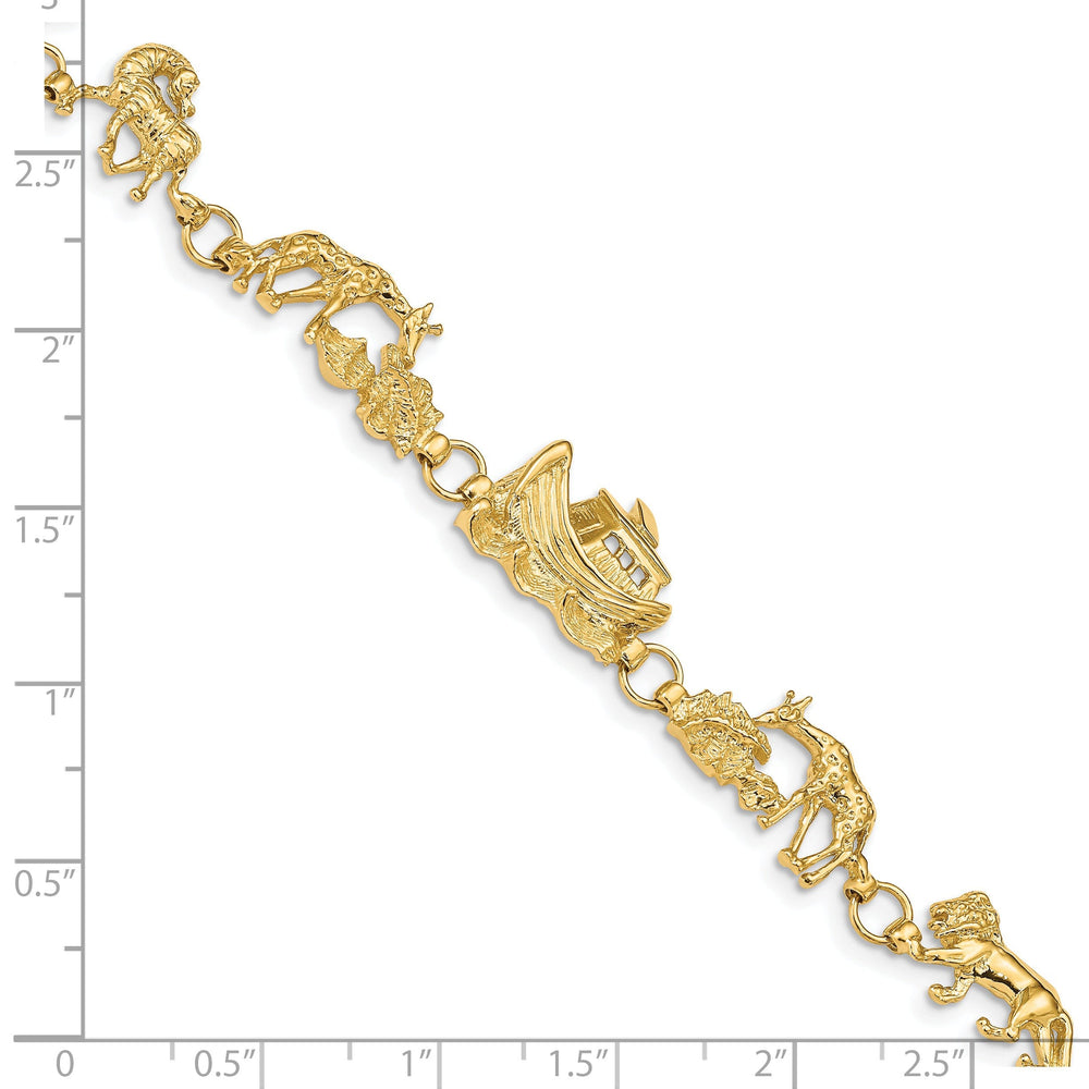 14k yellow gold Noah's Ark bracelet with lions, giraffes, and horses. 7-inch, 11-mm wide