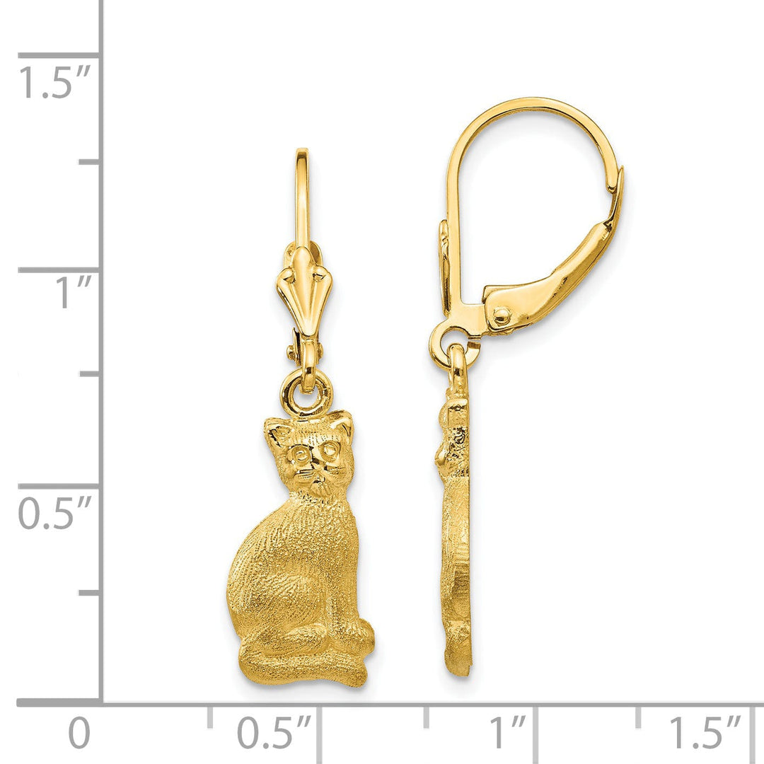 14k Yellow Gold Satin Cat Dangle Leverback Earring