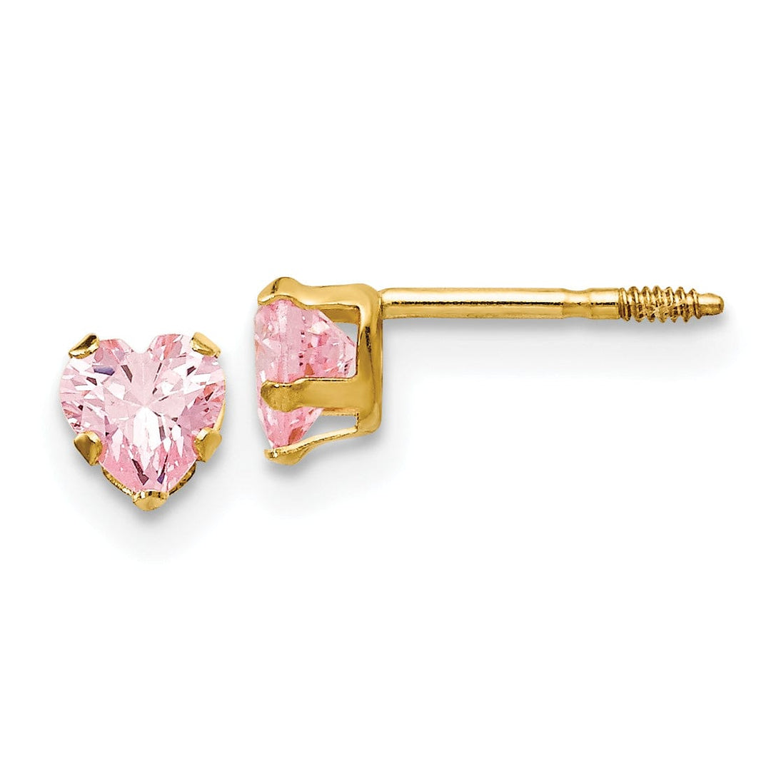 14k Yellow Gold 4mm Pink C.Z Heart Earrings