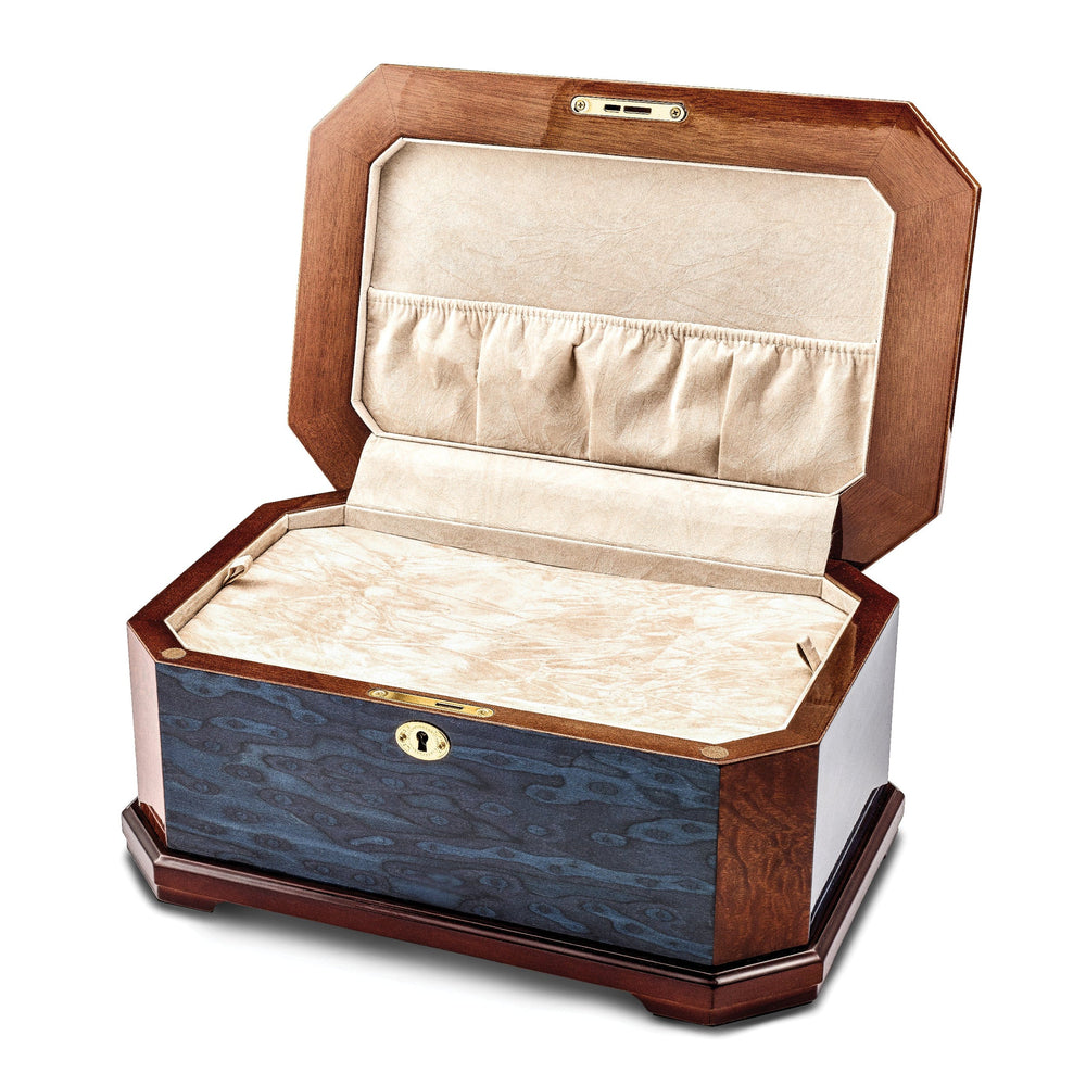 Luxury Giftware Sapeli and Blue Cats Eye Veneer High Gloss Velveteen Lining Locking Memorial Keepsake Box