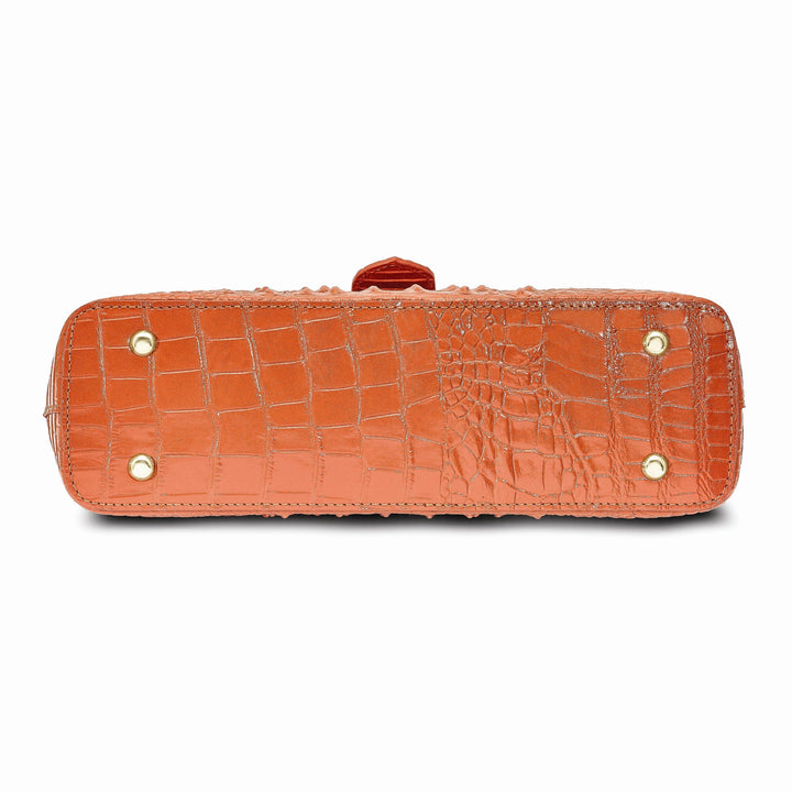 Top Grain Leather Croc Texture Cotton Lining with Removable Center and Side Zip Compartment Two Slip and Pen Pockets Key Fob Metal Feet Marigold Zip top with Magentic Buckle Strap Handbag