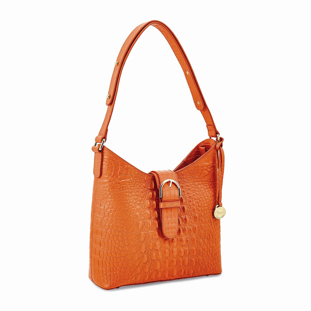 Top Grain Leather Croc Texture Cotton Lining with Removable Center and Side Zip Compartment Two Slip and Pen Pockets Key Fob Metal Feet Marigold Zip top with Magentic Buckle Strap Handbag