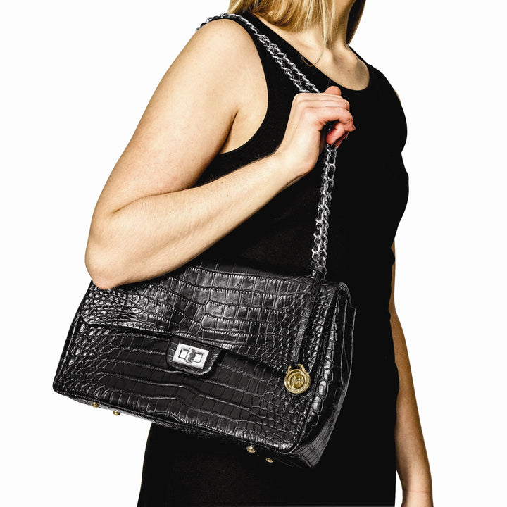 Top Grain Leather Croc Texture Adjustable Chain Strap Swivel Clasp Cotton Lining with Zip Pocket Two Slip and Pen Pockets Key Fob Black Handbag