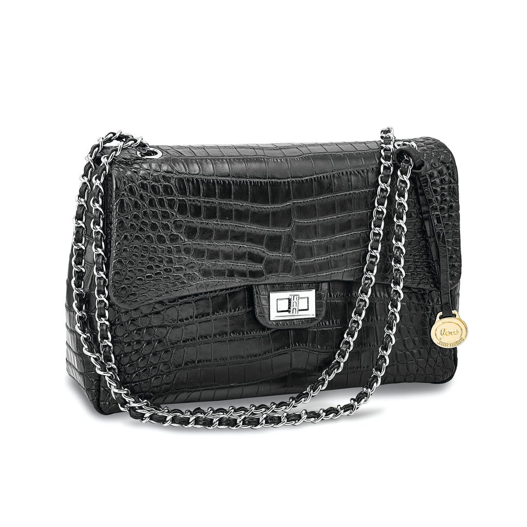 Top Grain Leather Croc Texture Adjustable Chain Strap Swivel Clasp Cotton Lining with Zip Pocket Two Slip and Pen Pockets Key Fob Black Handbag