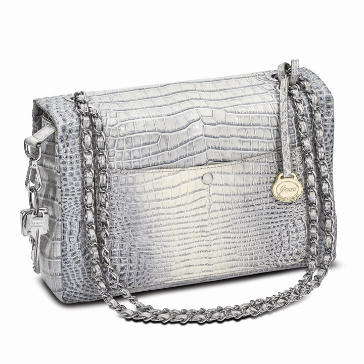 Top Grain Leather Croc Texture Adjustable Chain Strap Swivel Clasp Cotton Lining with Zip Pocket Two Slip and Pen Pockets Key Fob Silver Chain Strap Handbag