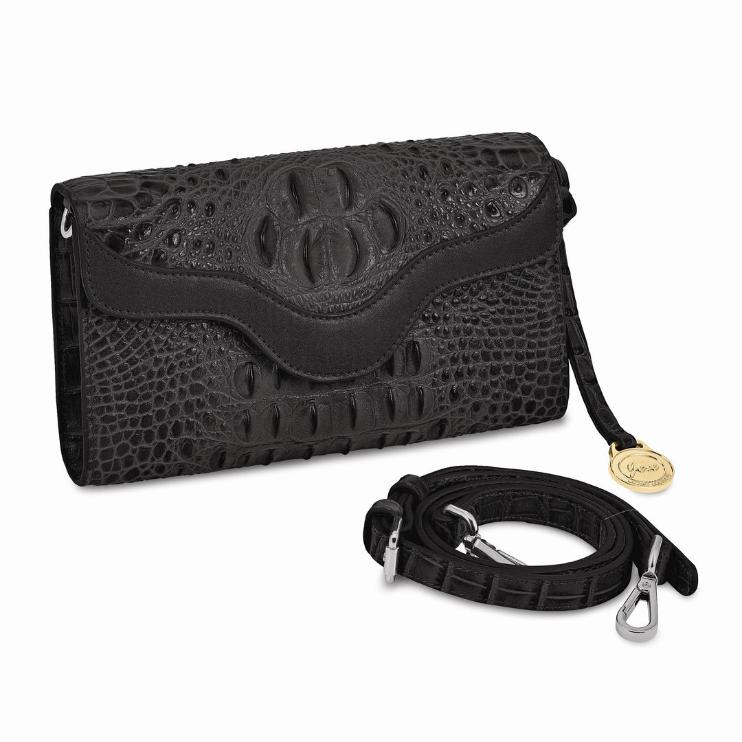 Top Grain Leather Croc Texture RFID RFID Protected Satin Lining with Zip Pocket Four Card Slots Removable Crossbody Strap 20-23 inch Strap Drop Black Clutch Crossbody Bag