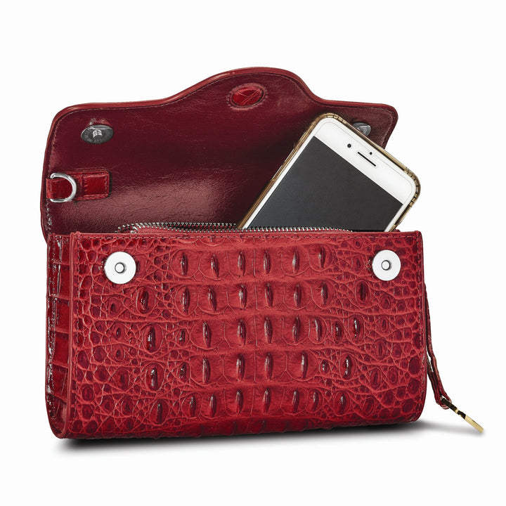 Top Grain Leather Croc Texture RFID Protected Satin Lining with Zip Pocket Four Card Slots Removable Crossbody Strap 20-23 inch Strap Drop Red Clutch Crossbody Bag