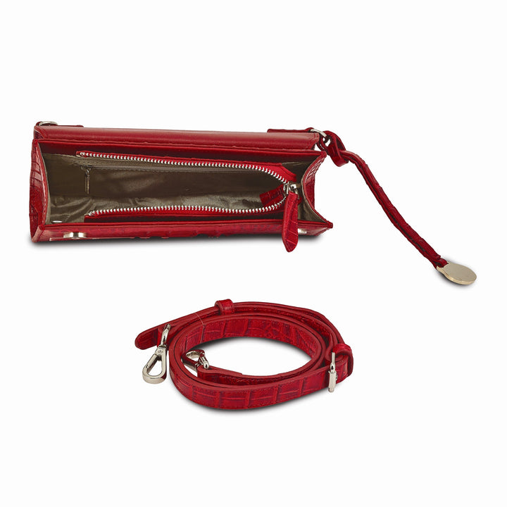 Top Grain Leather Croc Texture RFID Protected Satin Lining with Zip Pocket Four Card Slots Removable Crossbody Strap 20-23 inch Strap Drop Red Clutch Crossbody Bag