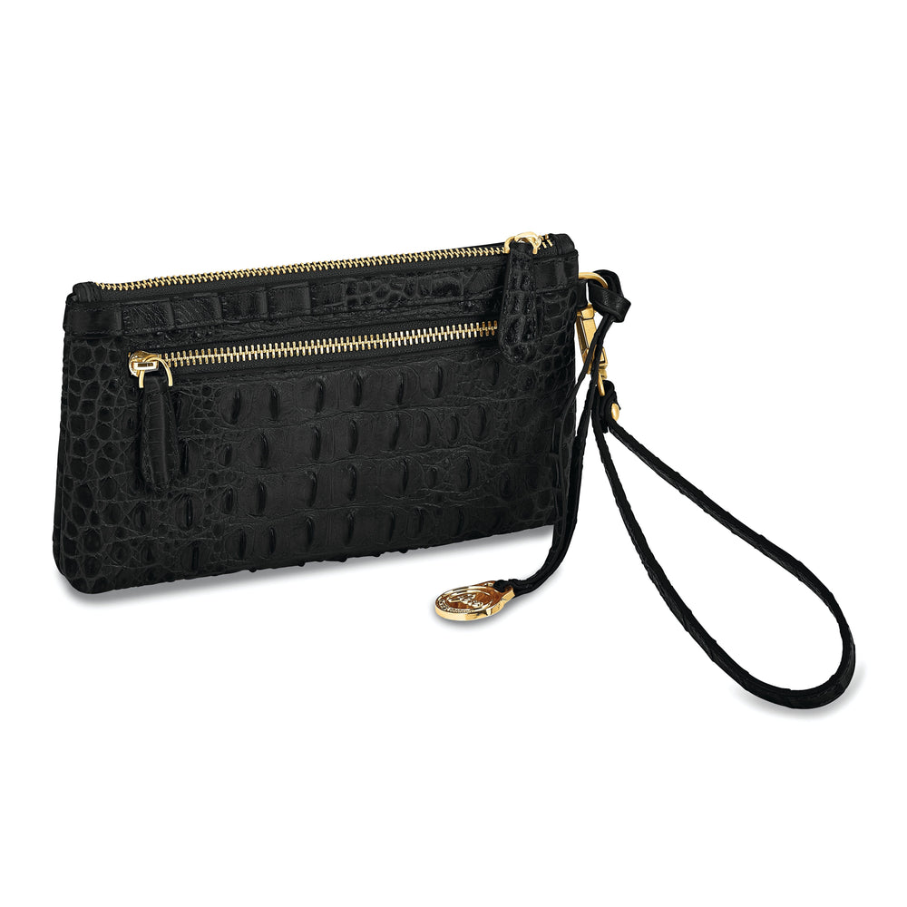 Top Grain Leather Croc Texture RFID Protected Satin Lining with Zip and Slip Pocket Six Card Slots Detachable 7 inch Wrist and Crossbody Strap 20-23 inch Strap Drop Black Clutch Crossbody Bag