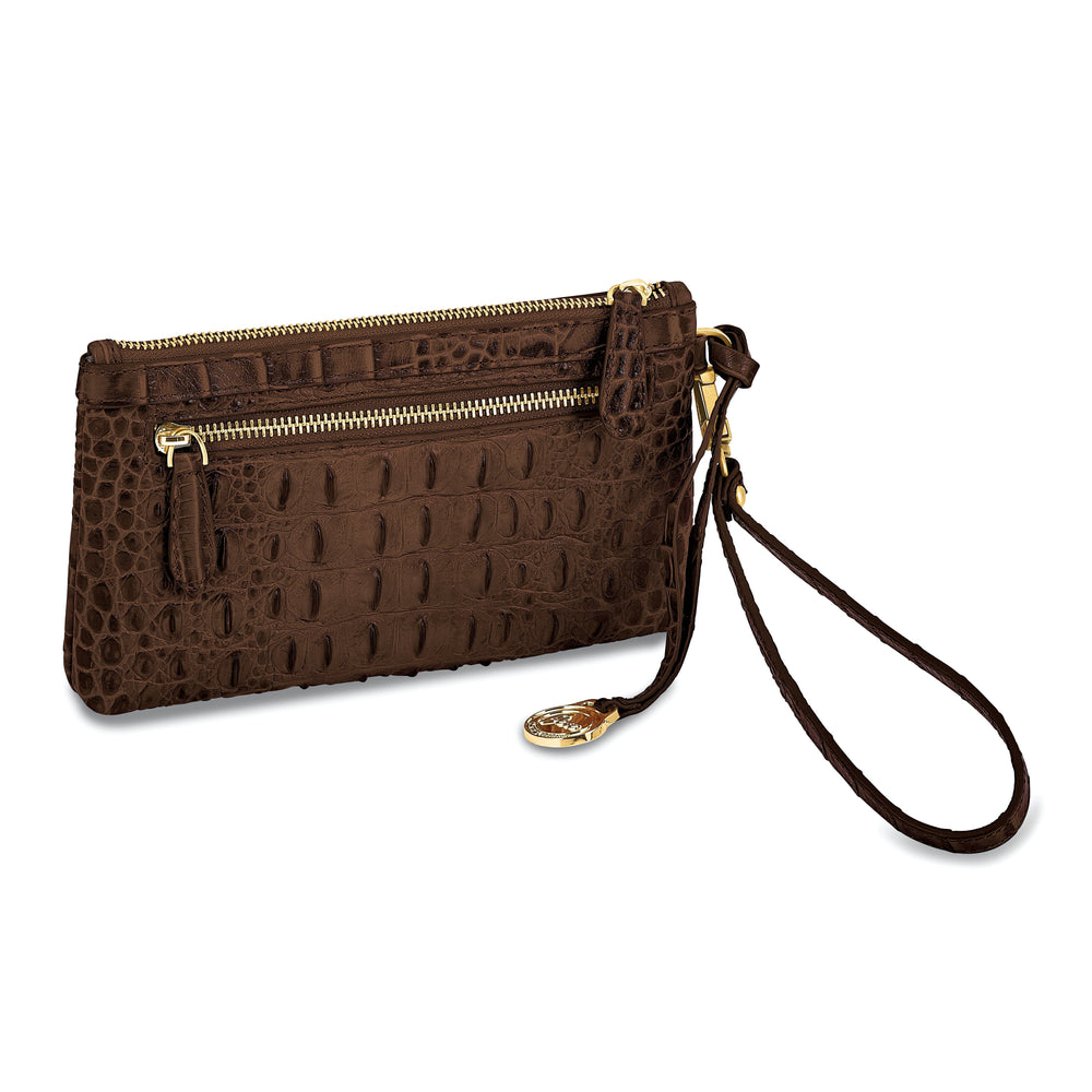 Top Grain Leather Croc Texture RFID Protected Satin Lining with Zip and Slip Pocket Six Card Slots Detachable 7 inch Wrist and Crossbody Strap 20-23 inch Strap Drop Dark Brown Clutch