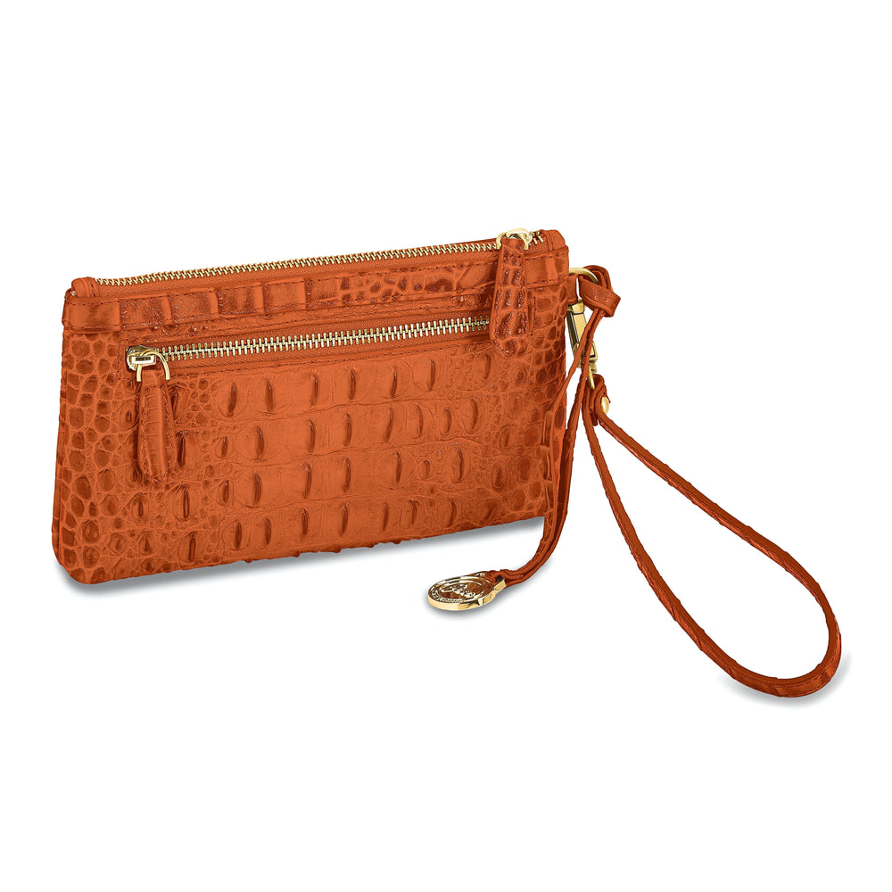 Top Grain Leather Croc Texture RFID Protected Satin Lining with Zip and Slip Pocket Six Card Slots Detachable 7 inch Wrist and Crossbody Strap 20-23 inch Strap Drop Marigold Clutch