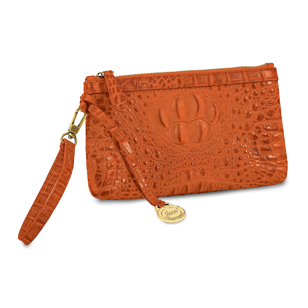 Top Grain Leather Croc Texture RFID Protected Satin Lining with Zip and Slip Pocket Six Card Slots Detachable 7 inch Wrist and Crossbody Strap 20-23 inch Strap Drop Marigold Clutch