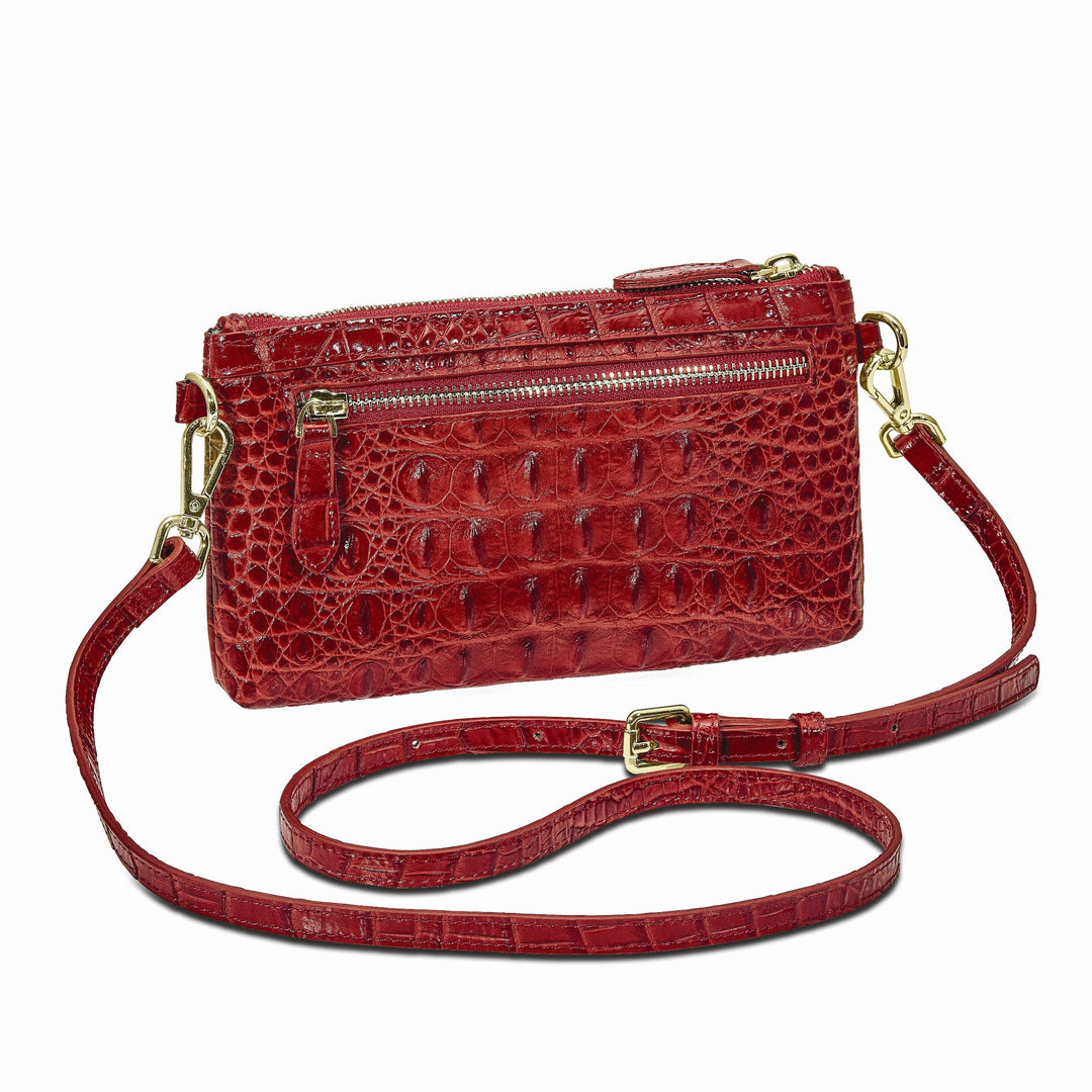 Top Grain Leather Croc Texture RFID Protected Satin Lining with Zip and Slip Pocket Six Card Slots Detachable 7 inch Wrist and Crossbody Strap 20-23 inch Strap Drop Red Clutch