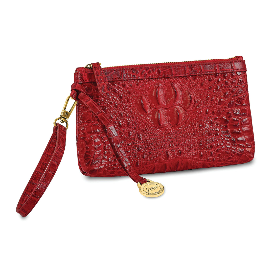 Top Grain Leather Croc Texture RFID Protected Satin Lining with Zip and Slip Pocket Six Card Slots Detachable 7 inch Wrist and Crossbody Strap 20-23 inch Strap Drop Red Clutch