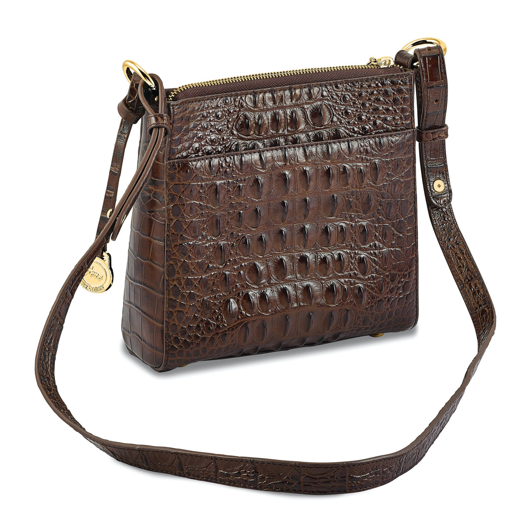 Top Grain Leather Croc Texture Zip Top with Tassel Front Swivel Clasp Compartment with Slip Pocket Clear ID and Four Card Slot Cotton Lining with Zip, Slip and Pen Pocket Key Fob Adjustable Shoulder Strap Metal Feet Dark Brown Organizer Crossbody Bag