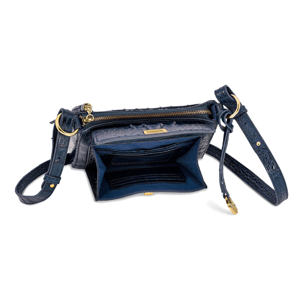 Top Grain Leather Croc Texture Zip Top with Tassel Front Swivel Clasp Compartment with Slip Pocket Clear ID and Four Card Slot Cotton Lining with Zip, Slip and Pen Pocket Key Fob Adjustable Shoulder Strap Metal Feet Navy Organizer Crossbody Bag