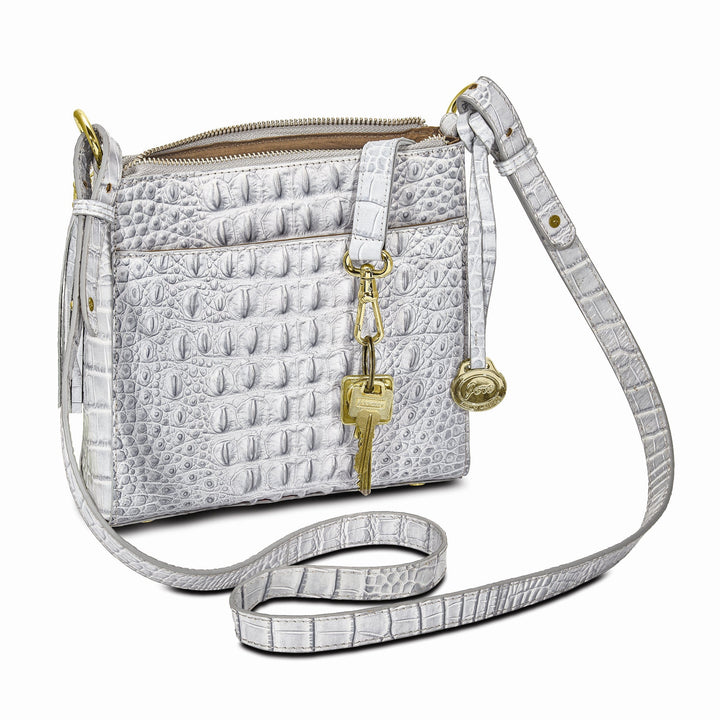 Top Grain Leather Croc Texture Zip Top with Tassel Front Swivel Clasp Compartment with Slip Pocket Clear ID and Four Card Slot Cotton Lining with Zip, Slip and Pen Pocket Key Fob Adjustable Shoulder Strap Metal Feet Silver Organizer Crossbody Bag