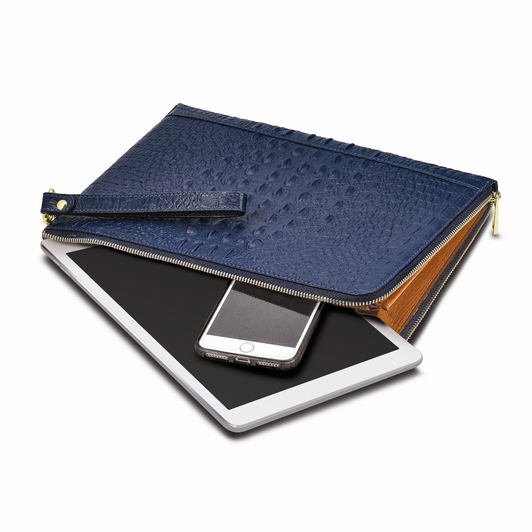 Top Grain Leather Croc Texture Zips Around One Side and Top Cotton and Leather Gusseted Lining with Center Zip Compartment Divider 20 Card Slot Detachable 7 inch Wrist Strap Navy Portfolio