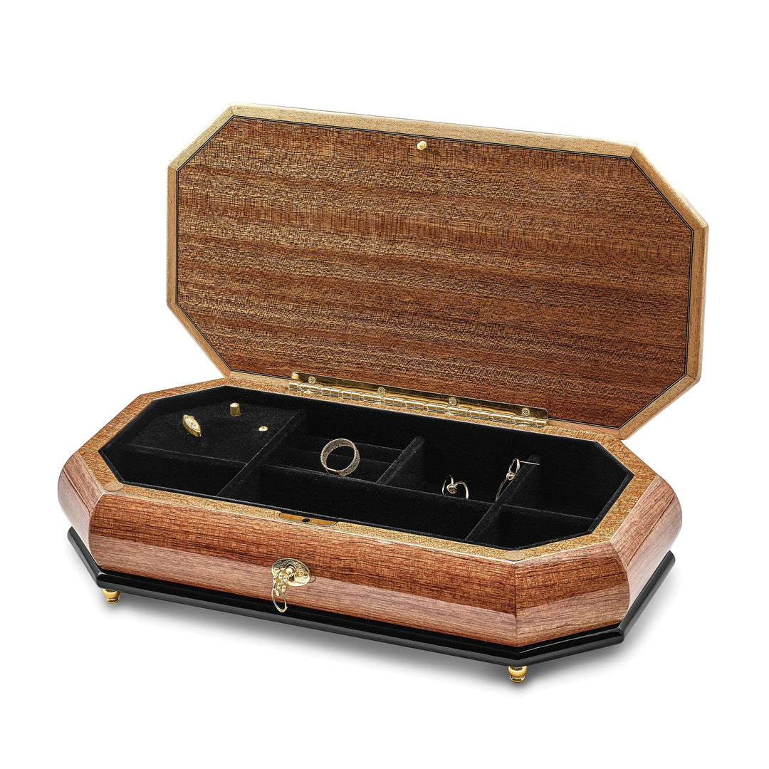 Luxury Giftware Bubinga Veneer with Black and Mother of Pearl Inlay Octagonal Locking Wooden (Plays Greensleeves) Music Box with Velveteen Lining