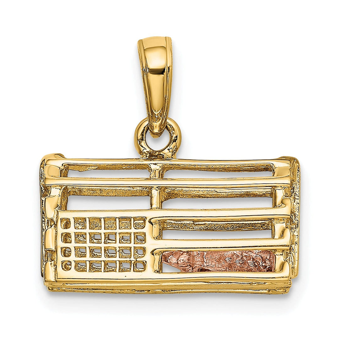 14K Two-Tone Gold Polished Finish Solid 3-Dimensional Moveable Lobster Trap Charm Pendant