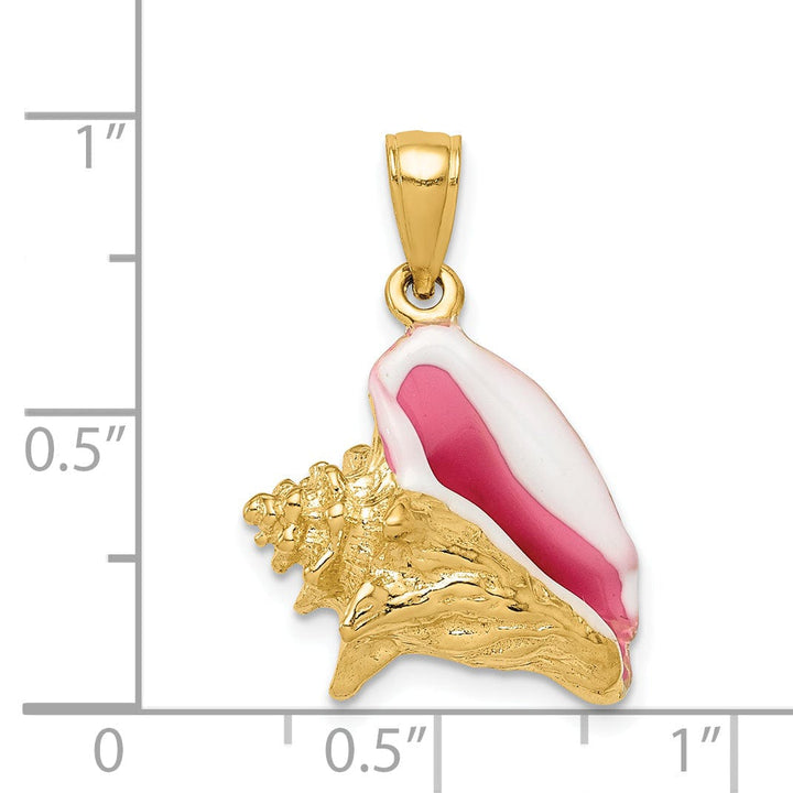 14K Yellow Gold Solid 3-Dimensional Pink and White Enameled Texture Polished Finish Mens Conch Shell Charm Pendant