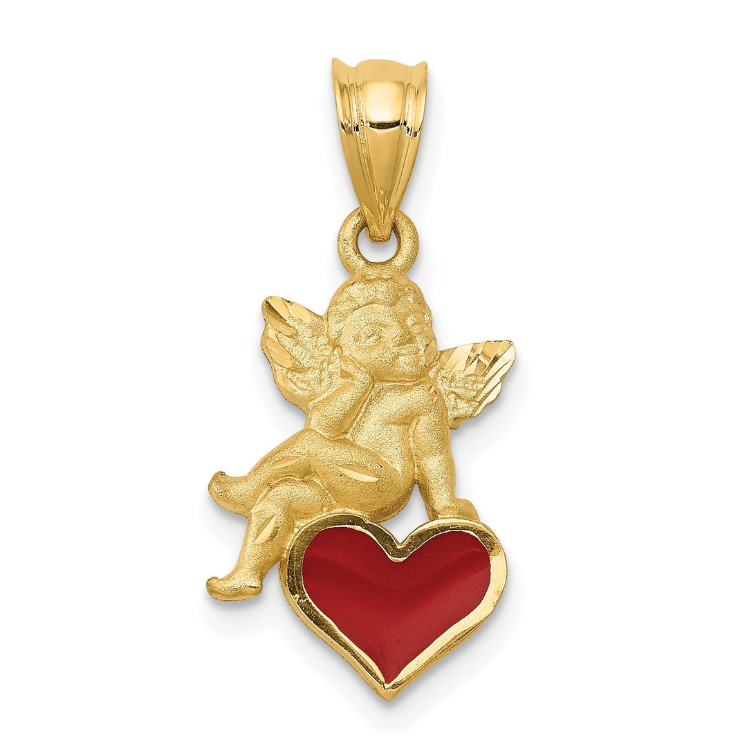 14k Yellow Gold Satin Red Enameled Finish Angel on Heart Pendant