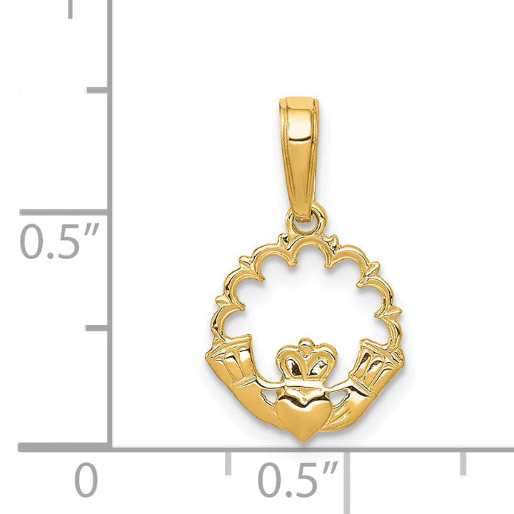 14k Yellow Gold Solid Textured Polished Finish Claddagh Circle Design Charm Pendant
