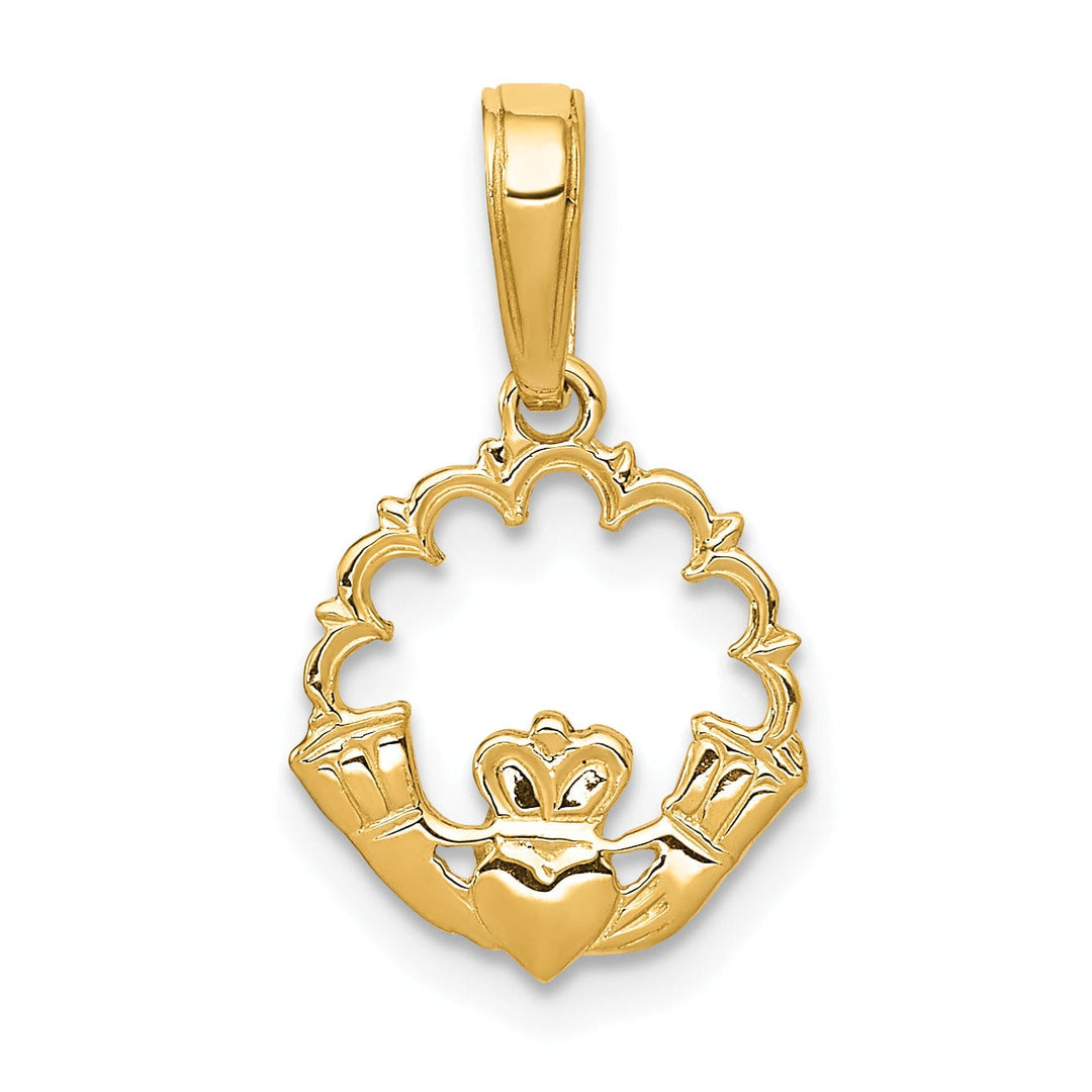 14k Yellow Gold Solid Textured Polished Finish Claddagh Circle Design Charm Pendant