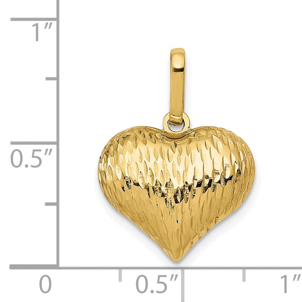14K Yellow Gold Textured Polished Finish Hollow 3-Dimenisonal Puff Heart Shape Design Charm Pendant
