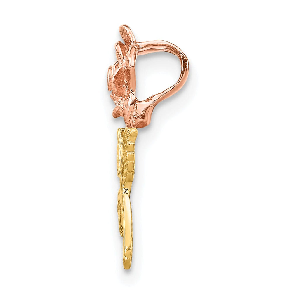 14k Two-tone Gold Solid Casted Open Back Textured Polished Finish Mini Pink Rose Flower Chain Slide. Will Not Fit Omega.