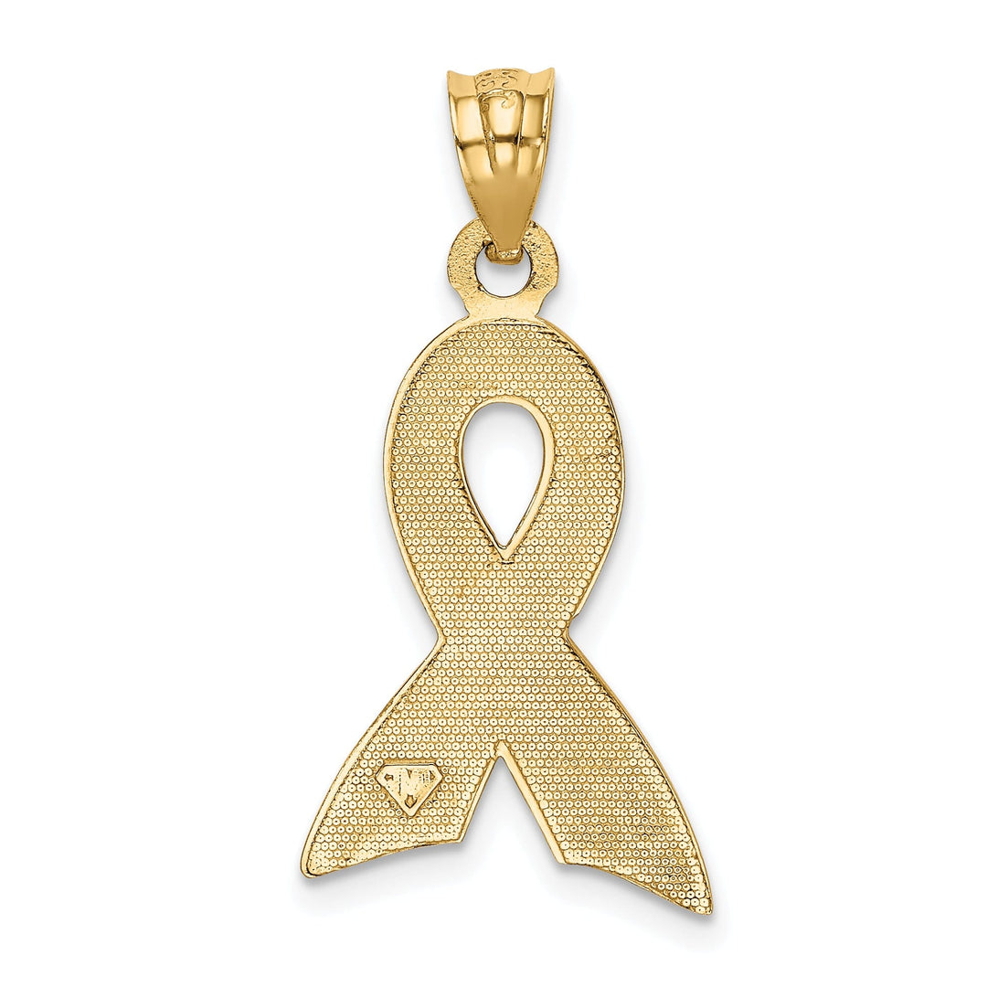 14k Yellow Gold Solid Large Size Polished Textured Pink Enameled Finish Awareness Ribbon Charm Pendant