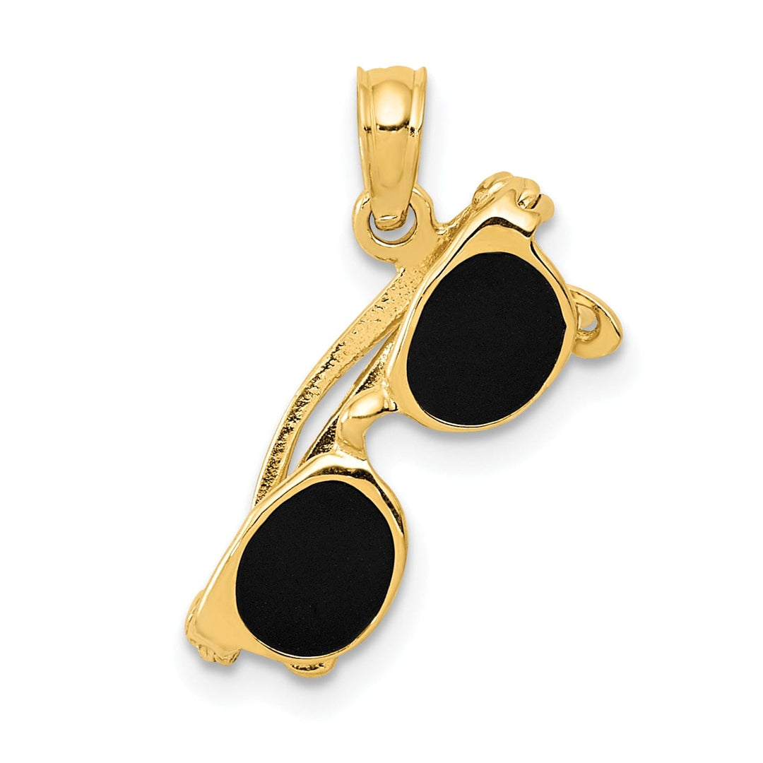 14k Yellow Gold Solid Polished Finish 3-Dimensional Black Enameled Moveable Sunglasses Charm Pendant