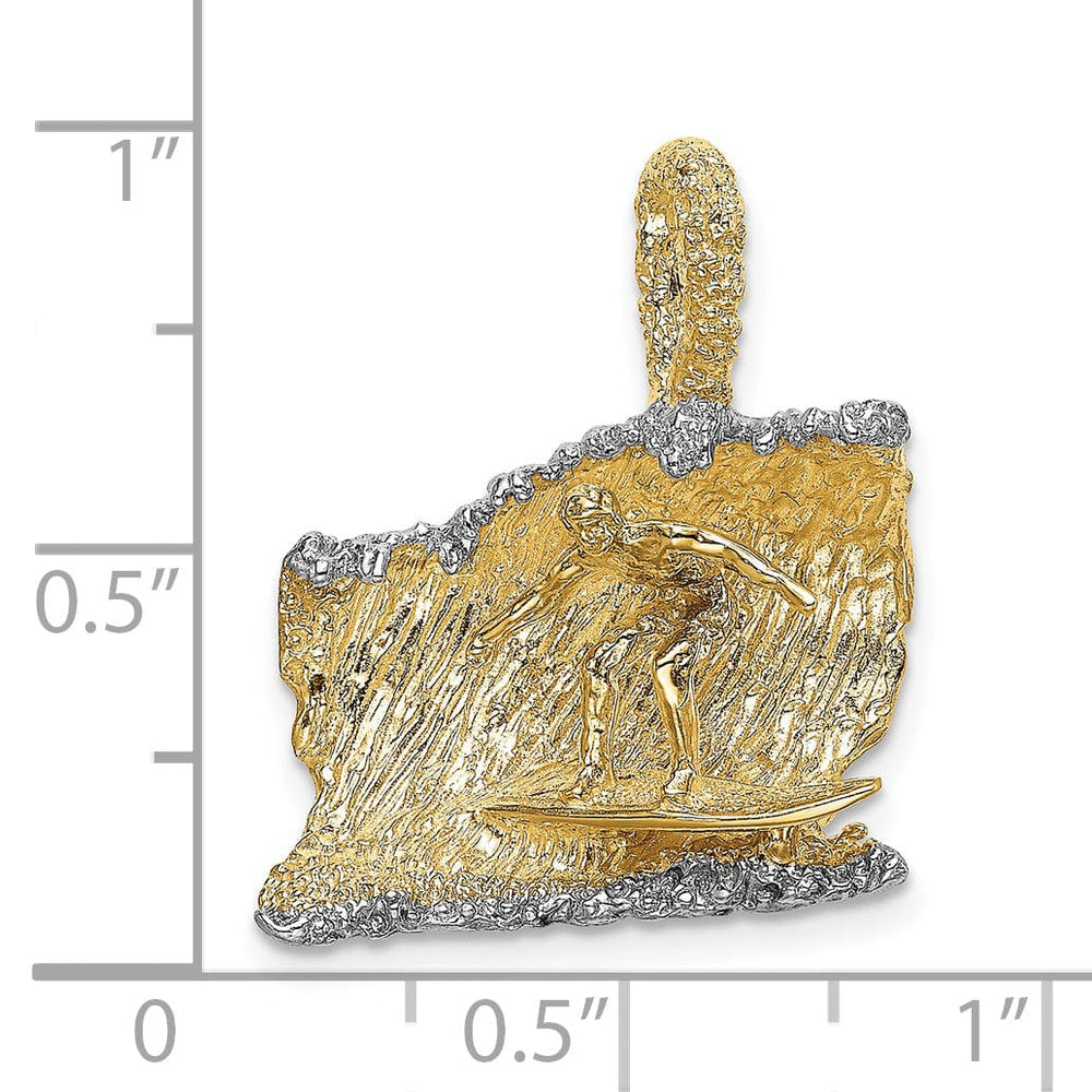 14K Yellow Gold, White Rhodium Polished Texture Finish 3-Dimensional Surfer In Wave Design Charm Pendant
