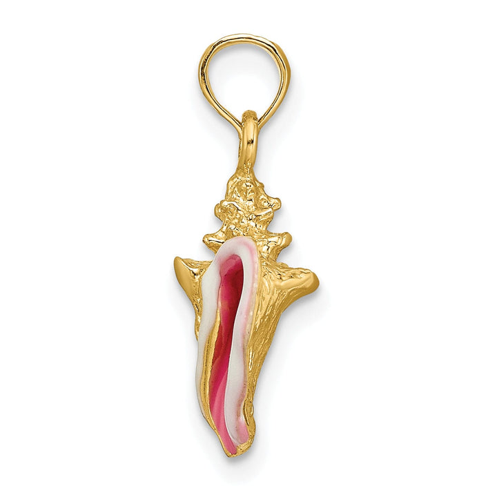 14K Yellow Gold Solid 3-Dimensional Pink White Enameled Texture Polished Finish Mens Conch Shell Charm Pendant