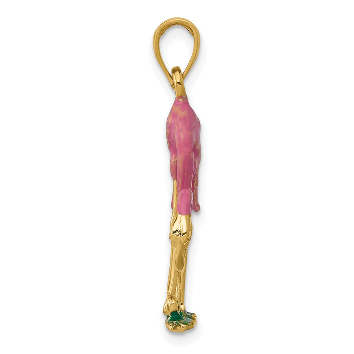 14k Yellow Gold Solid Polished with Pink, Green Enameled Finish 3-Dimensional Flamingo Charm Pendant