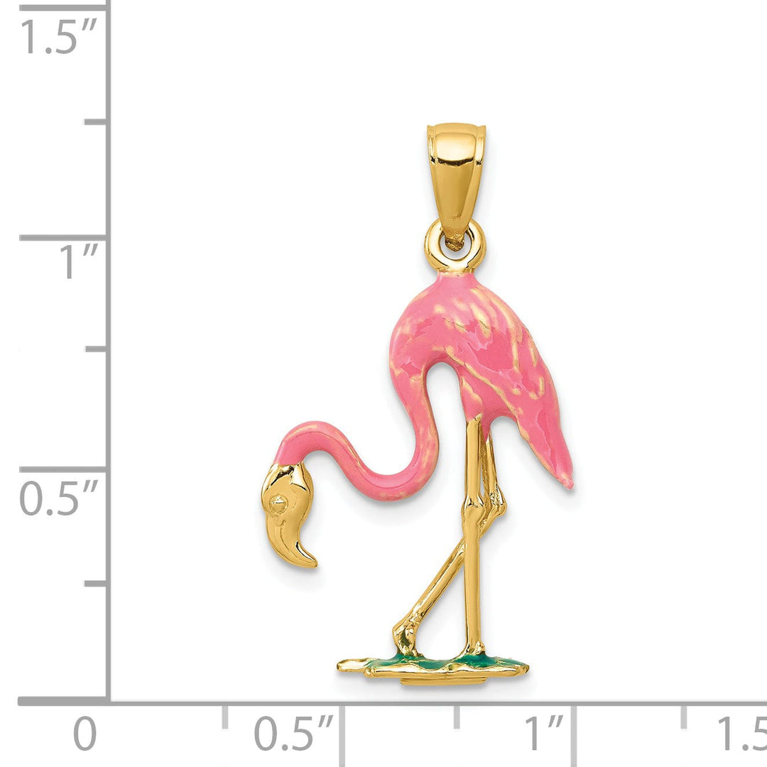 14k Yellow Gold Solid Polished with Pink, Green Enameled Finish 3-Dimensional Flamingo Charm Pendant