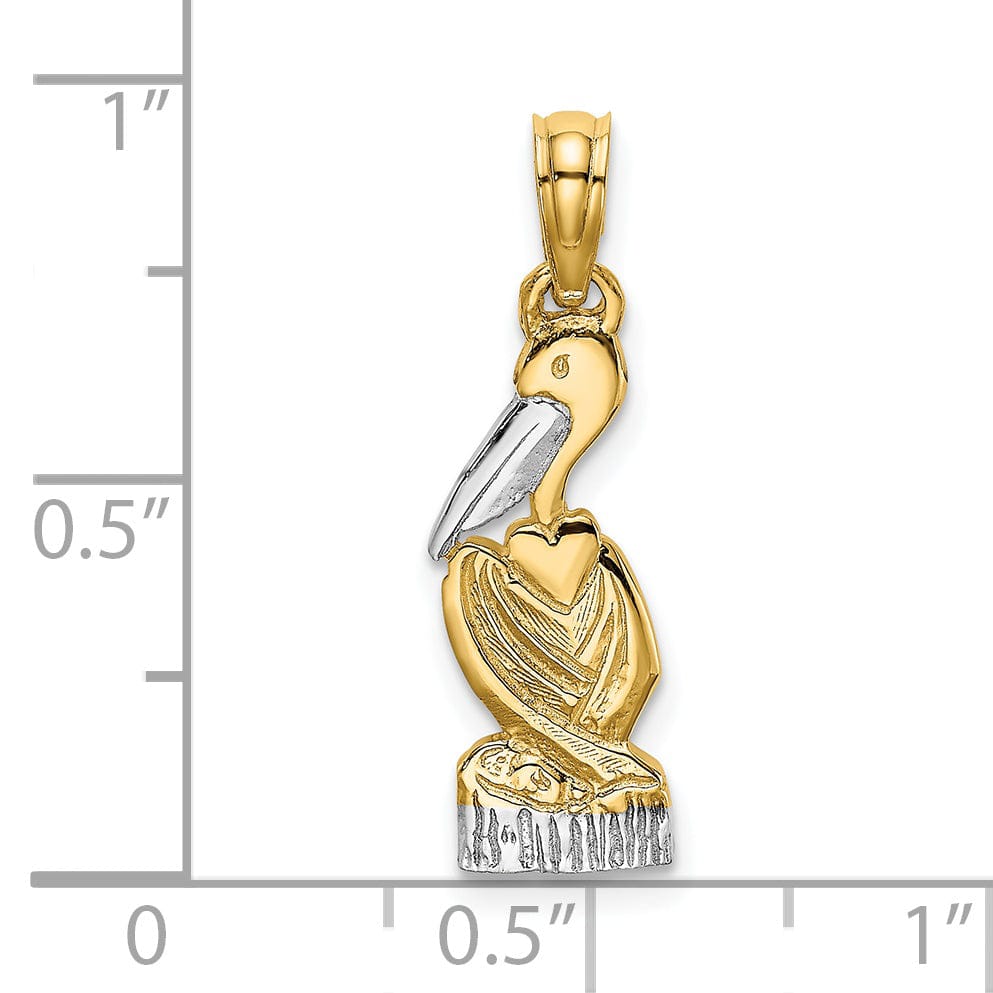 14K Yellow Gold, White Rhodium Texture Polished Finish Pelican Standing on Top Dock Piling Charm Pendant