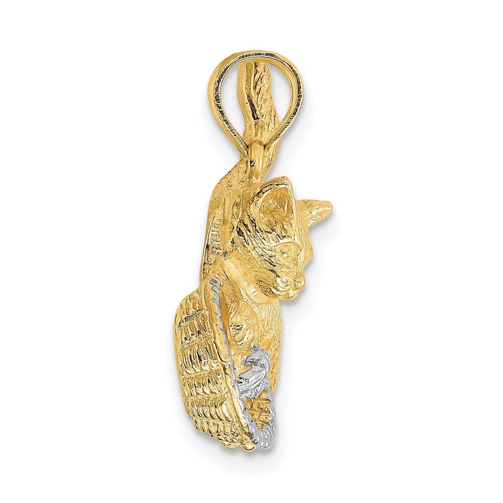 14k Yellow Gold White Rhodium Textured Polished Finish Cat Playing with Yarn in Basket Design Charm Pendant