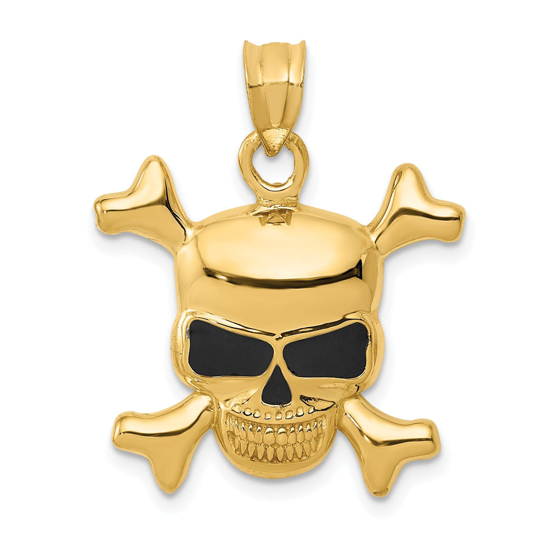 14k Yellow Gold Solid Polished Black Enameled Finish Cross Bones Skull Design Charm Pendant