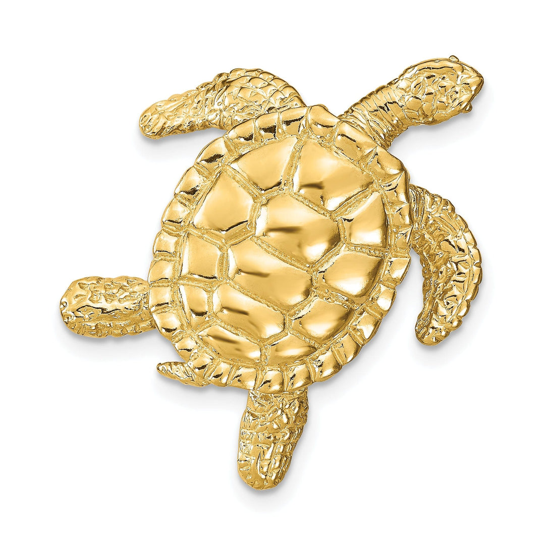 14k Yellow Gold Textured and Polished Finish Solid Sea Turtle Slide. Fits up to 8mm Omega or 10mm Fancy Omega.