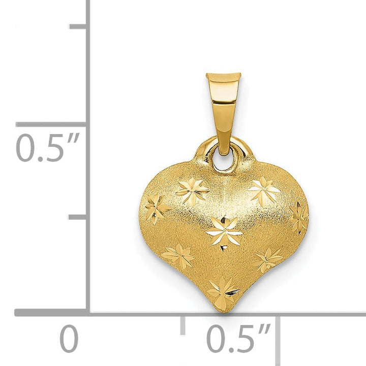 14K Yellow Gold Polished, Satin Diamond Cut Finish 3-Dimensional Puffed Heart Design Charm Pendant