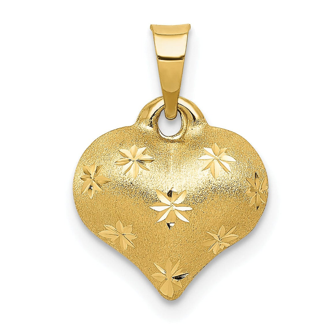 14K Yellow Gold Polished, Satin Diamond Cut Finish 3-Dimensional Puffed Heart Design Charm Pendant