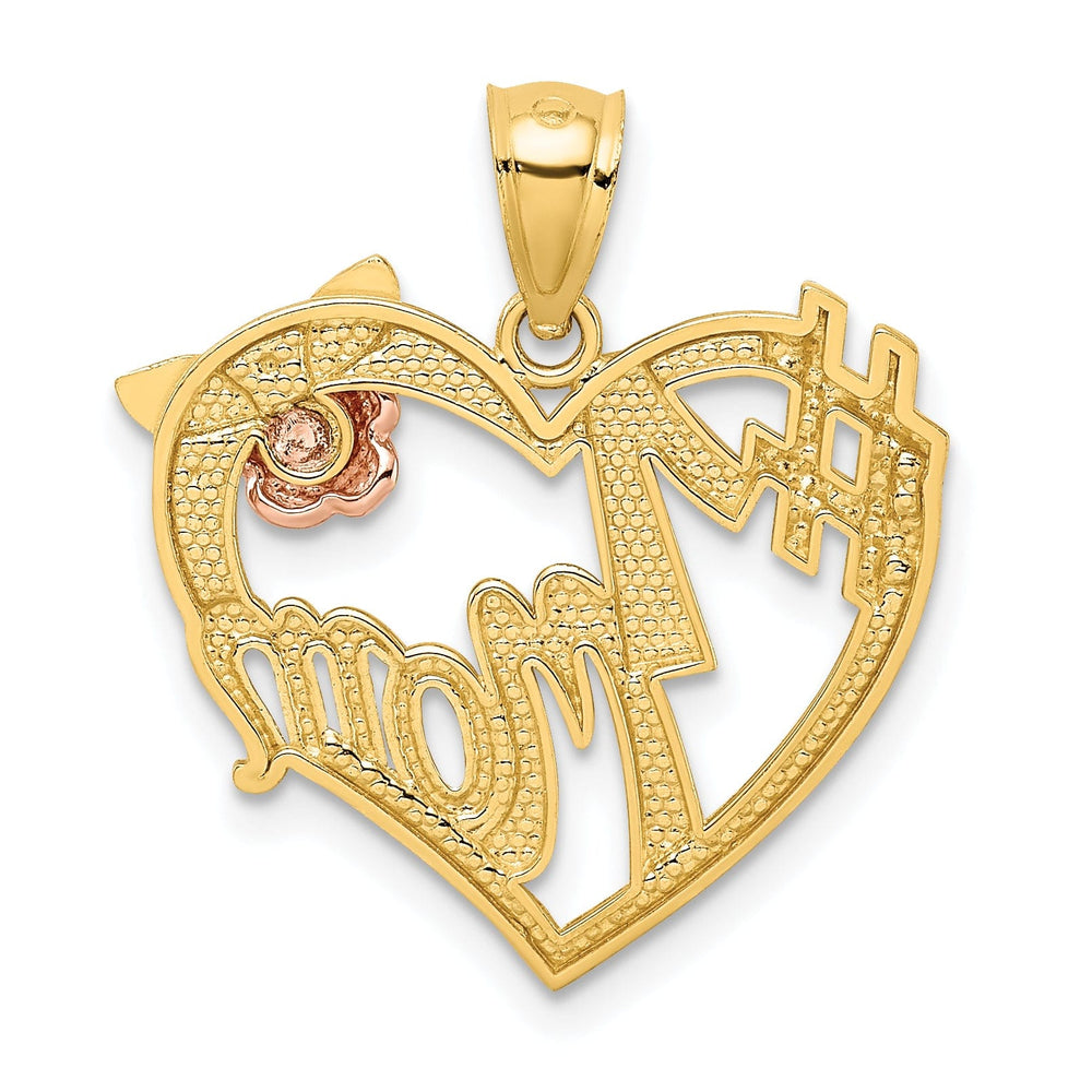 14k Two Tone Gold, White Rhodium Solid Polished Textured Finish #1 MOM in Heart with Flower Design Charm Pendant