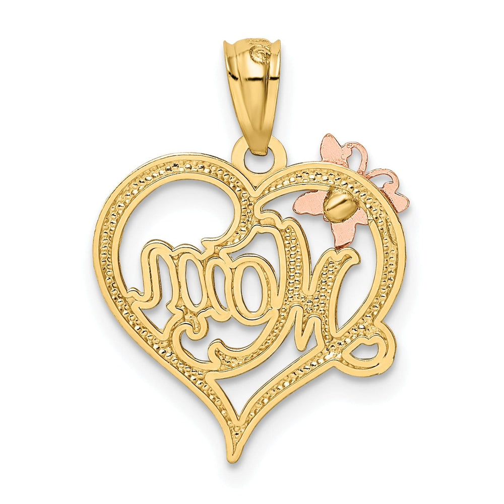 14k Two Tone Gold Solid Polished Finish MOM with Butterfly Design Heart Pendant