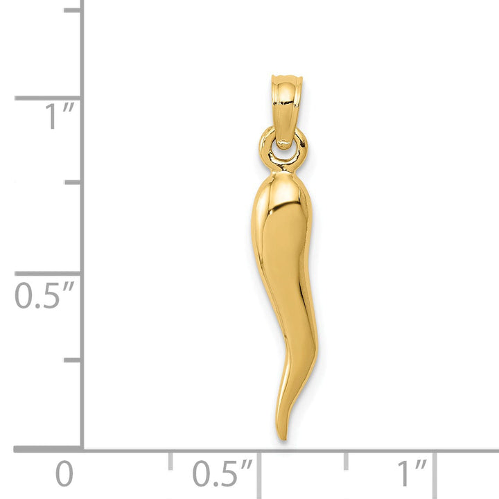 14k Yellow Gold Solid Polished Medium Size 3-D Italian Horn Pendant