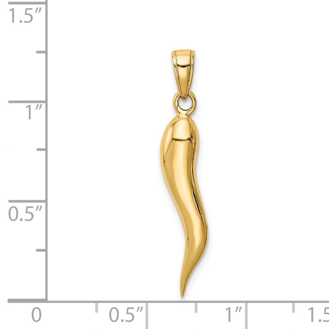 14k Yellow Gold Solid Polished Large Size 3-D Italian Horn Charm Pendant